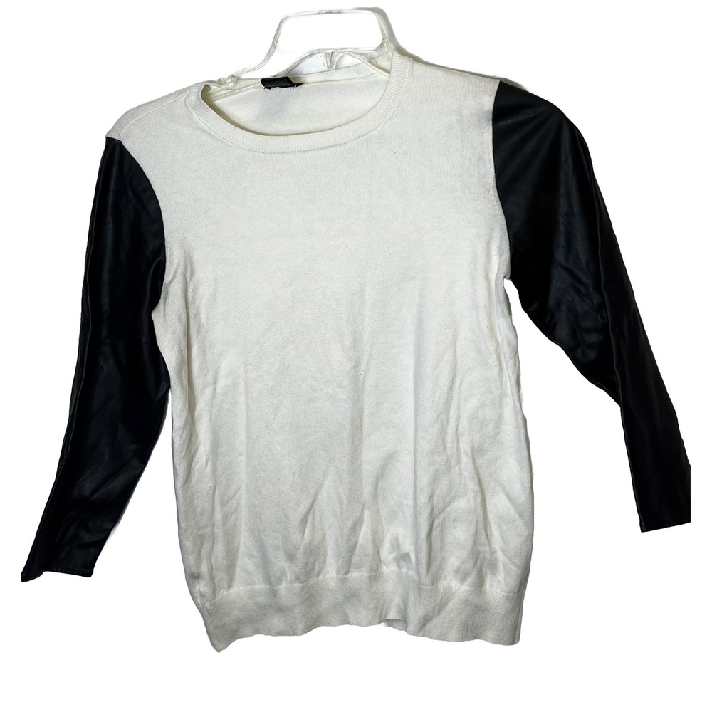Ann Taylor Cream Sweater Faux Leather 3/4 Sleeves Mixed Media Pullover Small